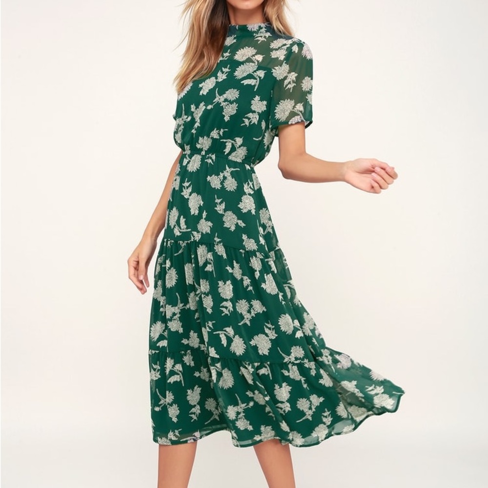 Floral Dressed Up Dark Green Floral Print Midi Dress